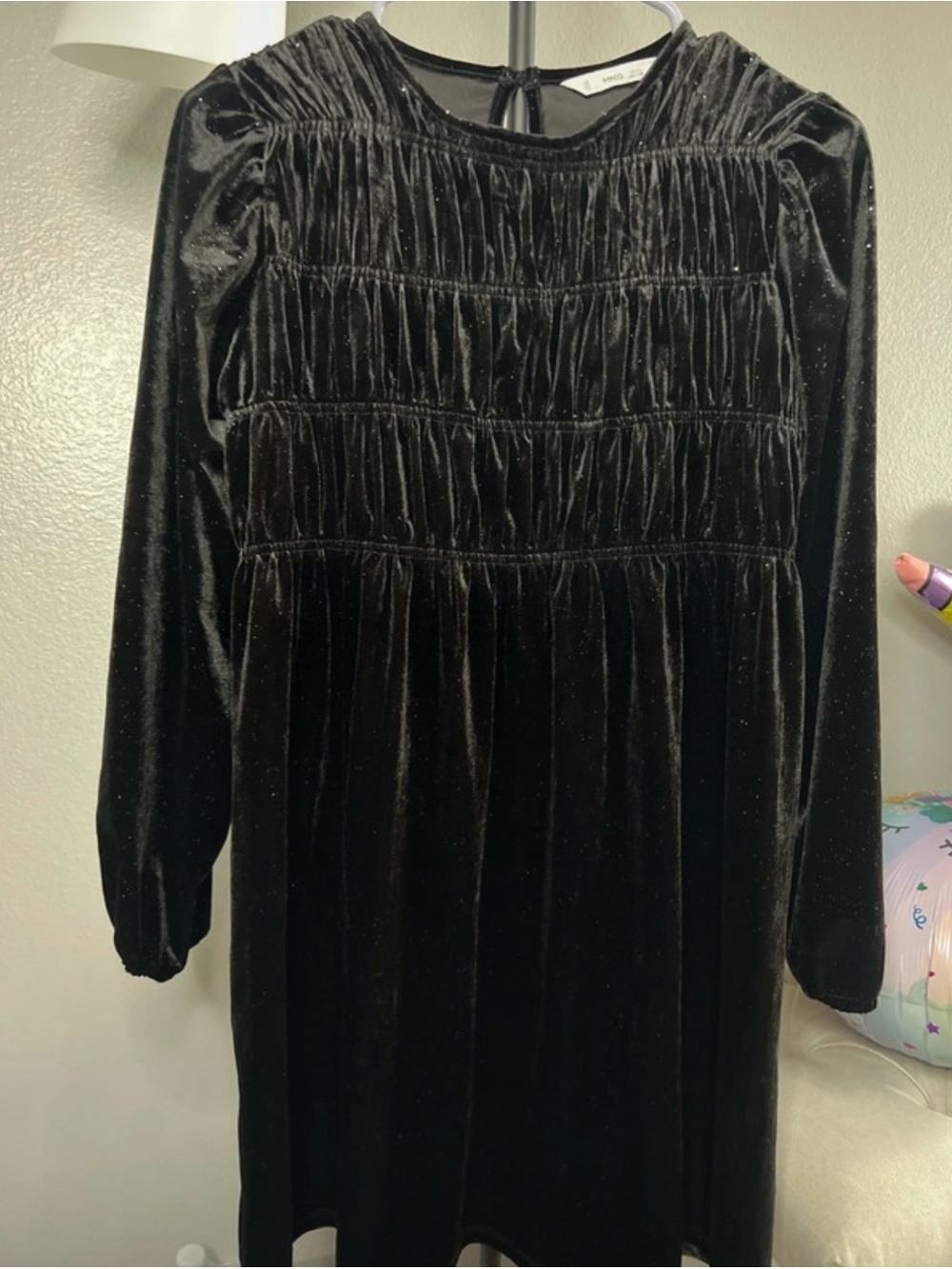 Mango Black Velvet Smocked Bodice Long-Sleeve Girls' Dress